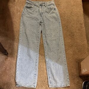 Women's Light Blue Straight Leg Jeans with Embroidery